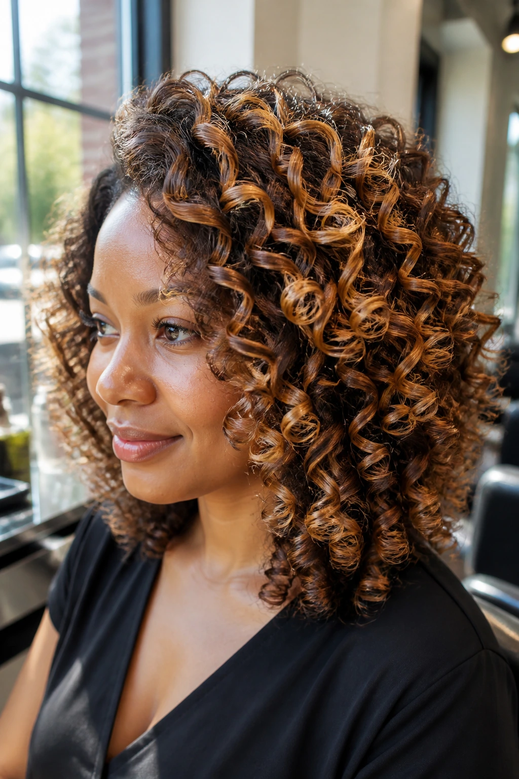 Close-up of a real woman with shoulder-length layered curls showing golden ribbon highlights