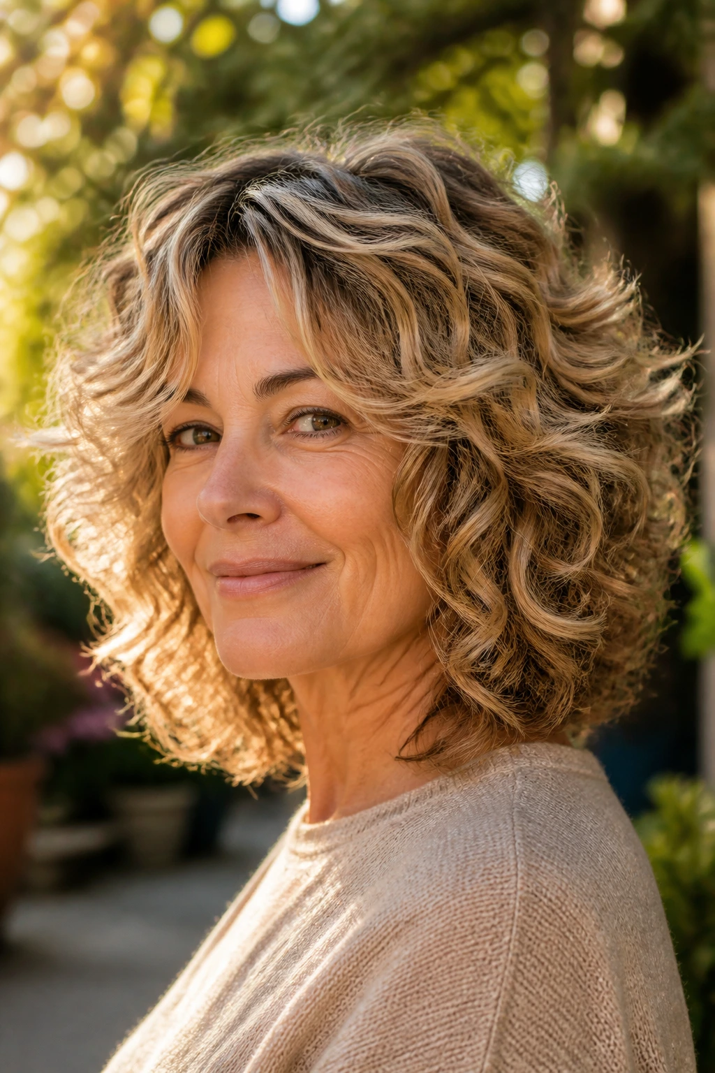 Portrait of a woman with layered curls and halo layers in warm golden-hour light.