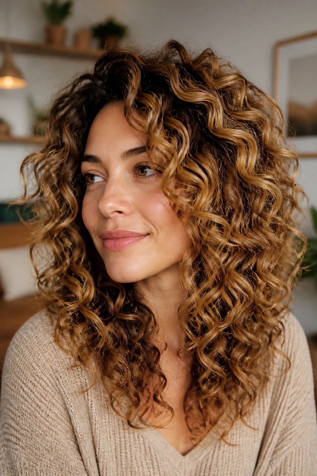 Portrait of a real person with layered curls in honey-maple blend showing depth and dimension.