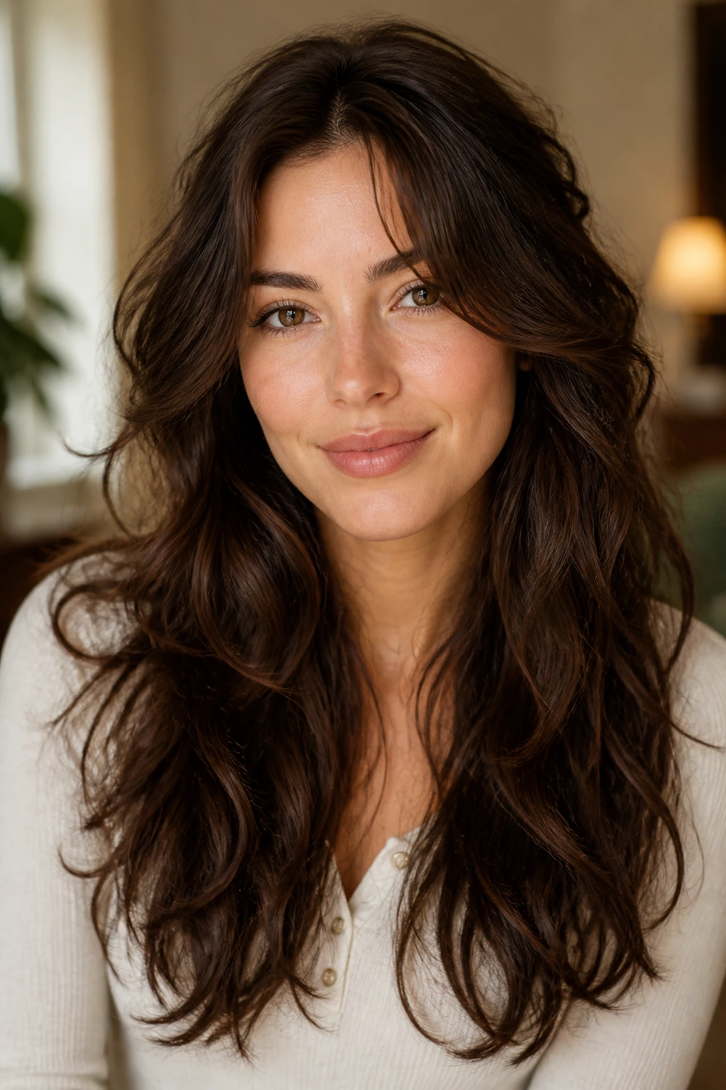 Close-up of a real woman with long layered curls on a heart-shaped face in warm window light.
