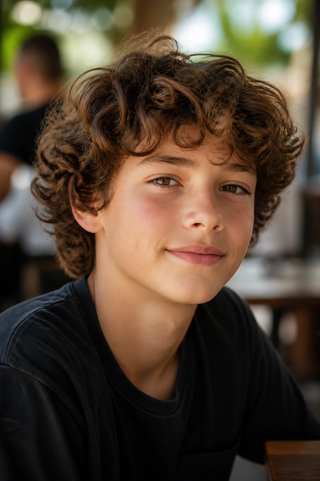 Real boy with layered medium-length curls in outdoors setting