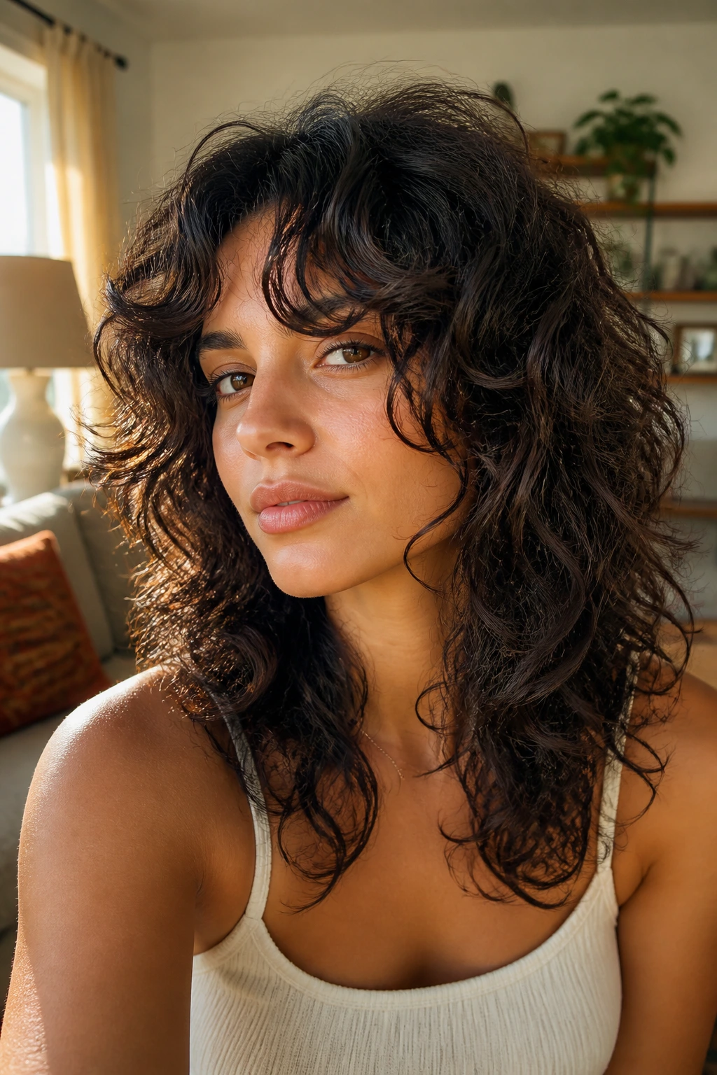 Close-up portrait of layered curly haircut highlighting face-framing cuts