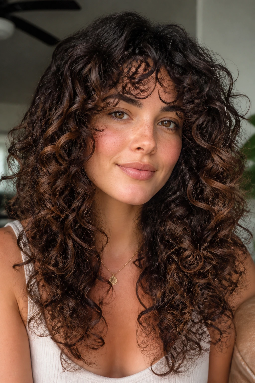 Real woman with layered curly hair in a long U-shaped shape showing a flattering silhouette for round faces.