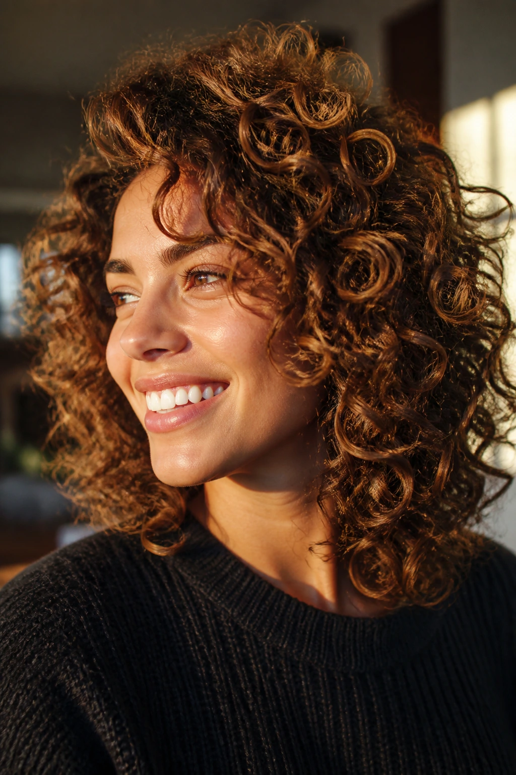 Close-up of layered curls with caramel highlights and crown lift in warm light