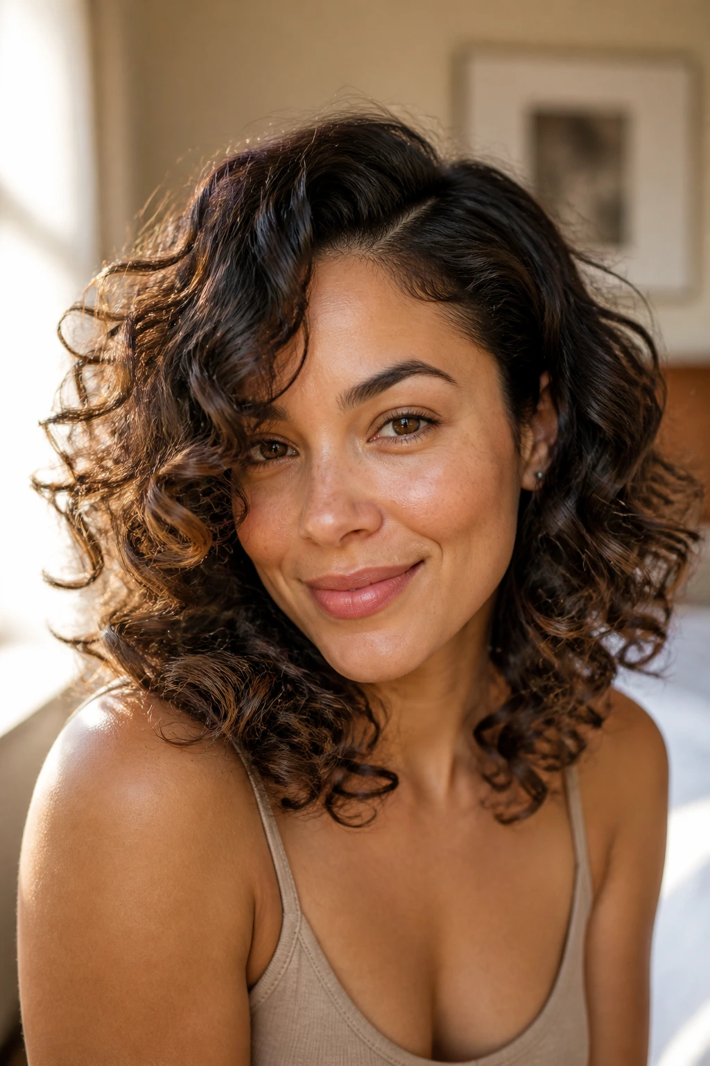 Close-up portrait of a real woman with mid-length layered curls and a side part