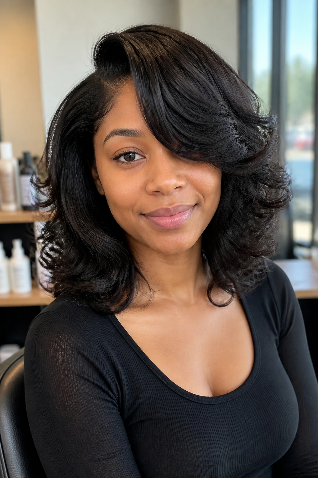 Close-up of a real Black woman with shoulder-length layered curls and a side sweep