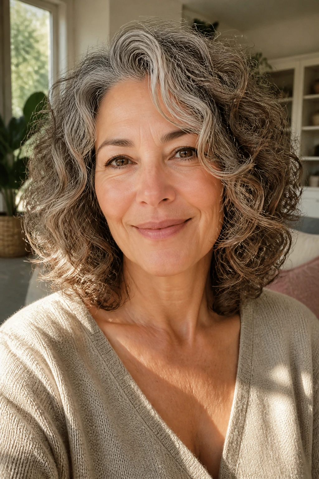 Close-up of a real woman with shoulder-length curls layered to spring