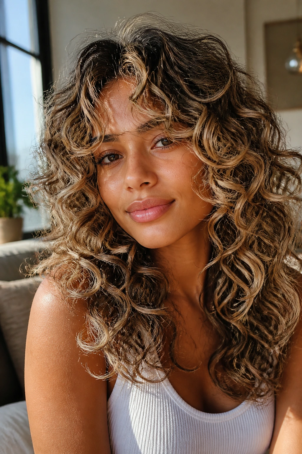 Close-up portrait of layered curls with sun-kissed contour highlights on a medium skin tone woman