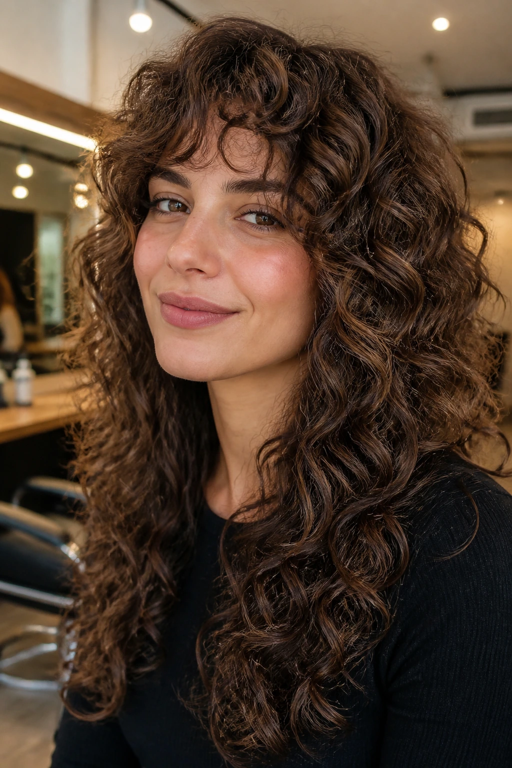 Close-up of a real woman with long curly hair showing a subtle layered variation.