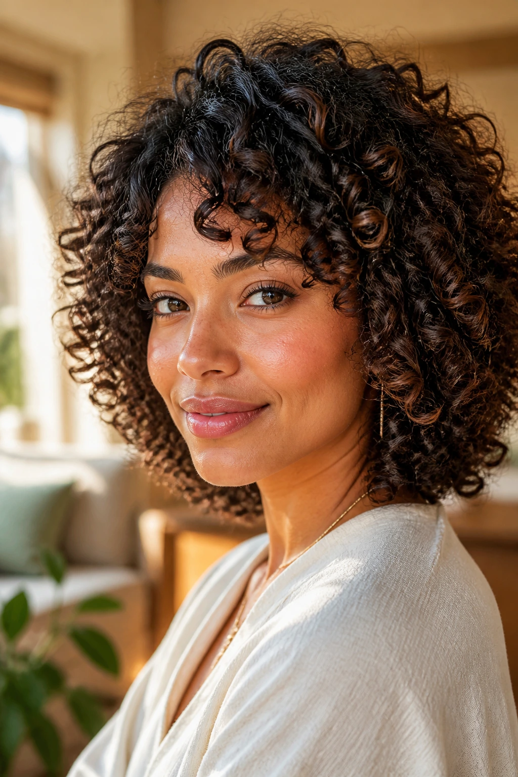Close-up of a real woman with layered curls in a sunlit home setting