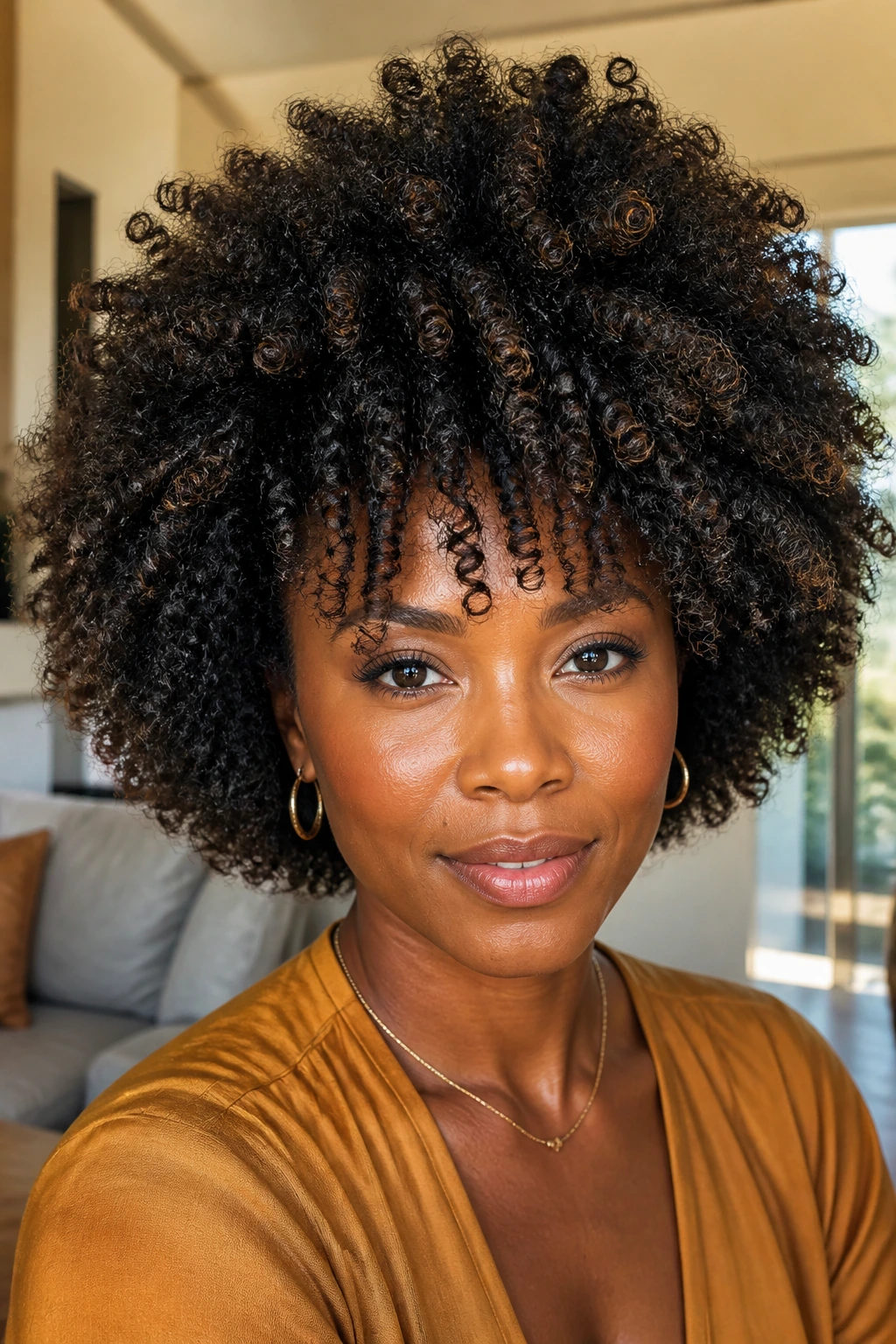 Close-up of a real Black woman with layered curly afro and lifted crown