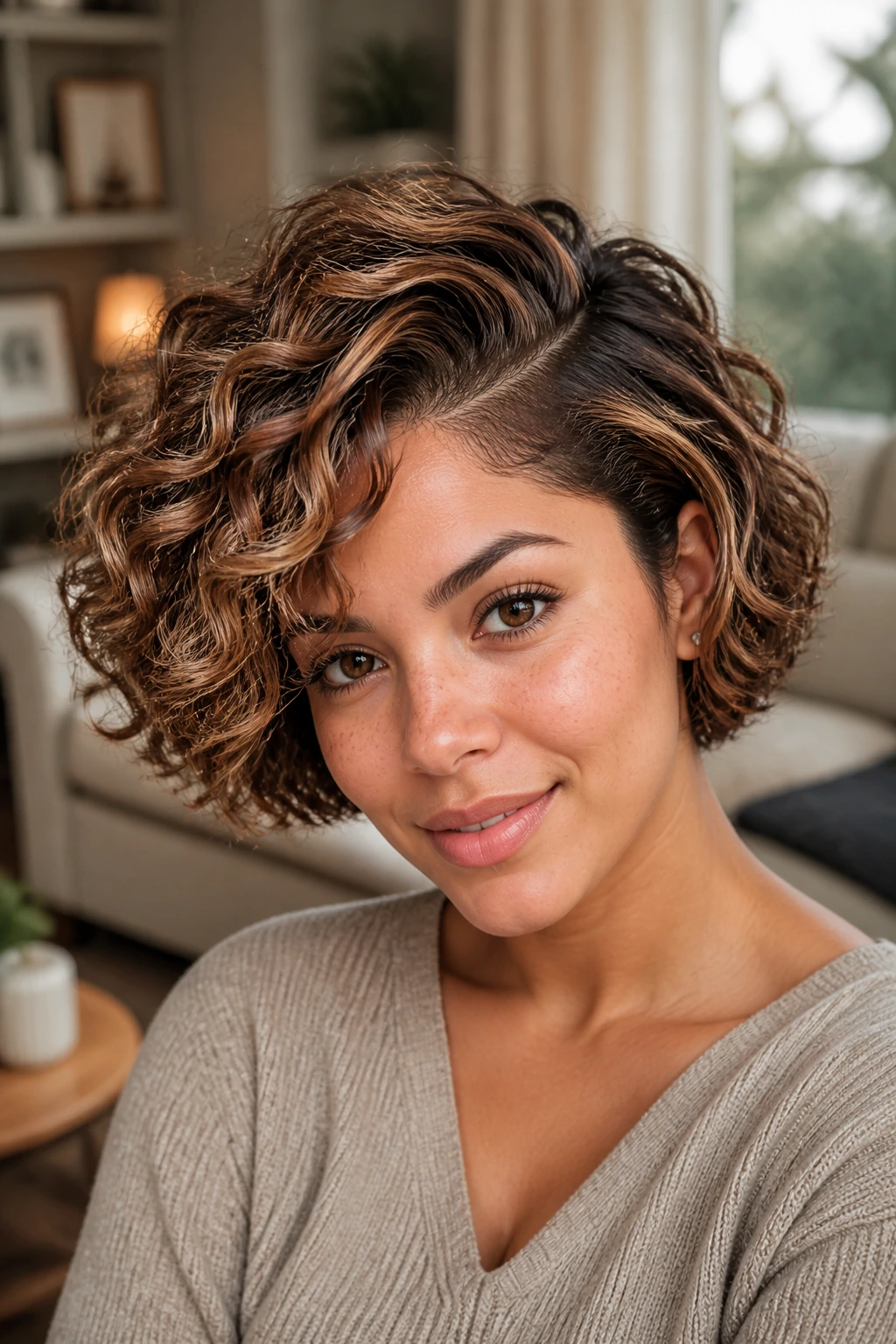 Portrait of a woman with layered short curly bob and deep side part showing caramel highlights.