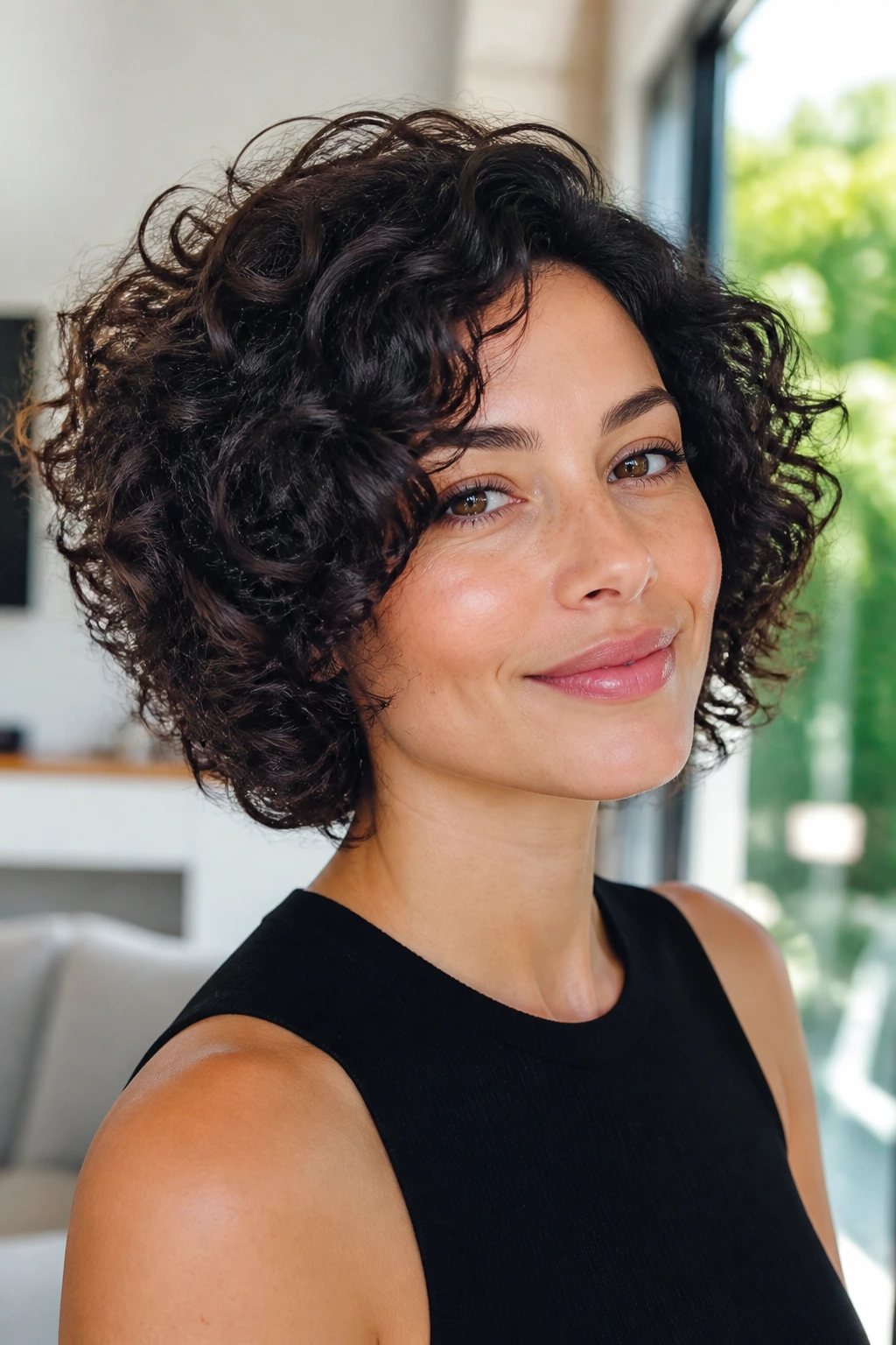 Close-up of a real woman with layered curly bob and defined curls in a bright living room