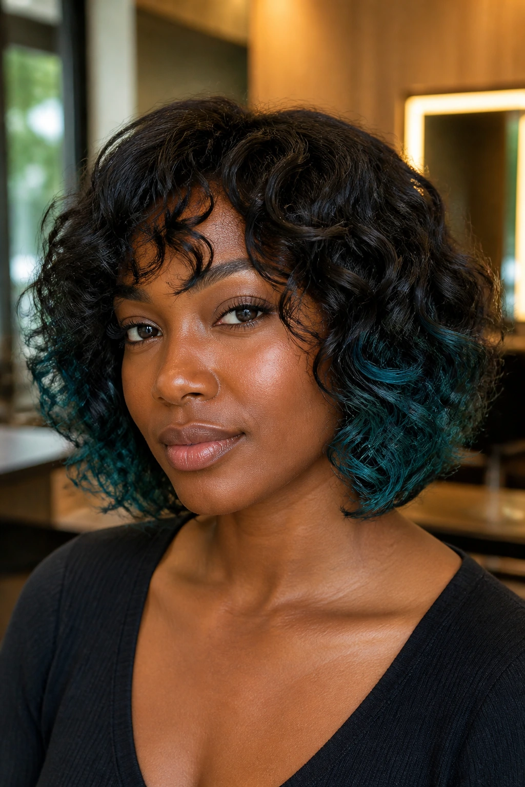 Close-up of layered curly bob with teal tips on a deep-skinned woman.