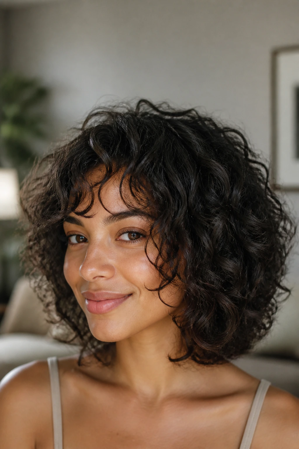 Portrait of a person with layered curly lob and face-framing pieces