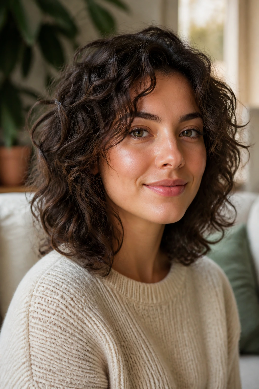 Close-up of layered curly lob hairstyle on a real woman with curls below cheeks