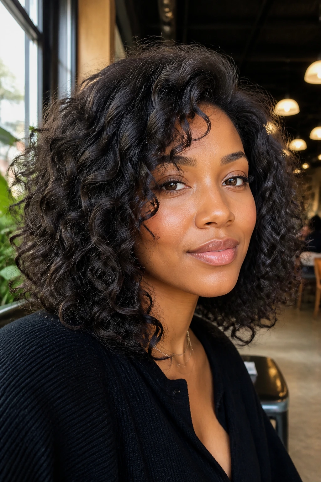 Close-up of a Black woman with layered curly lob in natural light