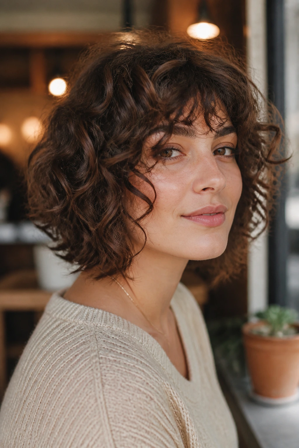 Close-up portrait of a real woman with a layered curly shag at the jawline