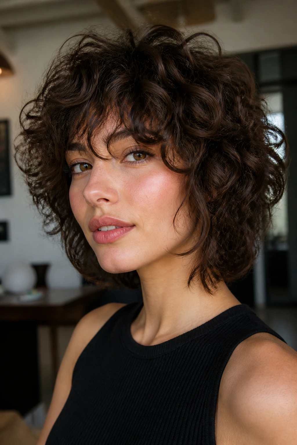 Real person with layered curly shag showing crown lift