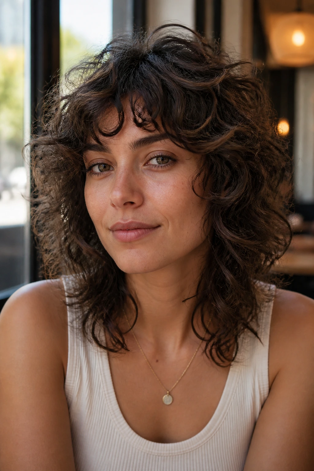 Portrait of a woman with layered curly shag at shoulder length