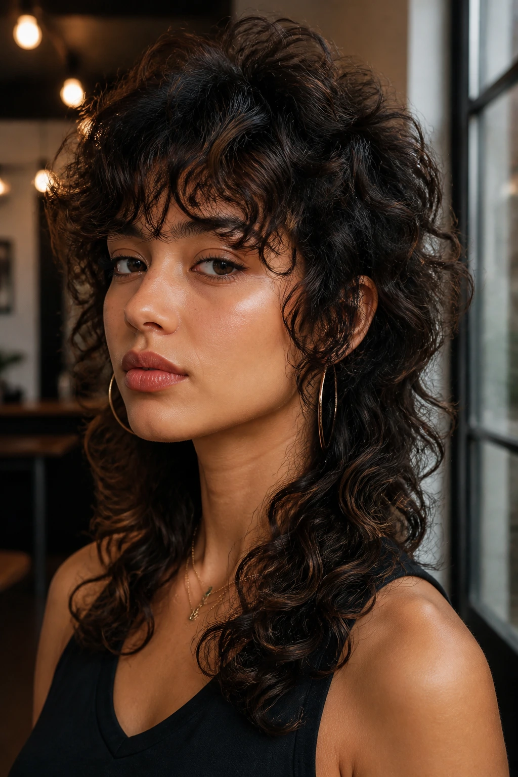 Close-up of real person with layered curly wolf cut