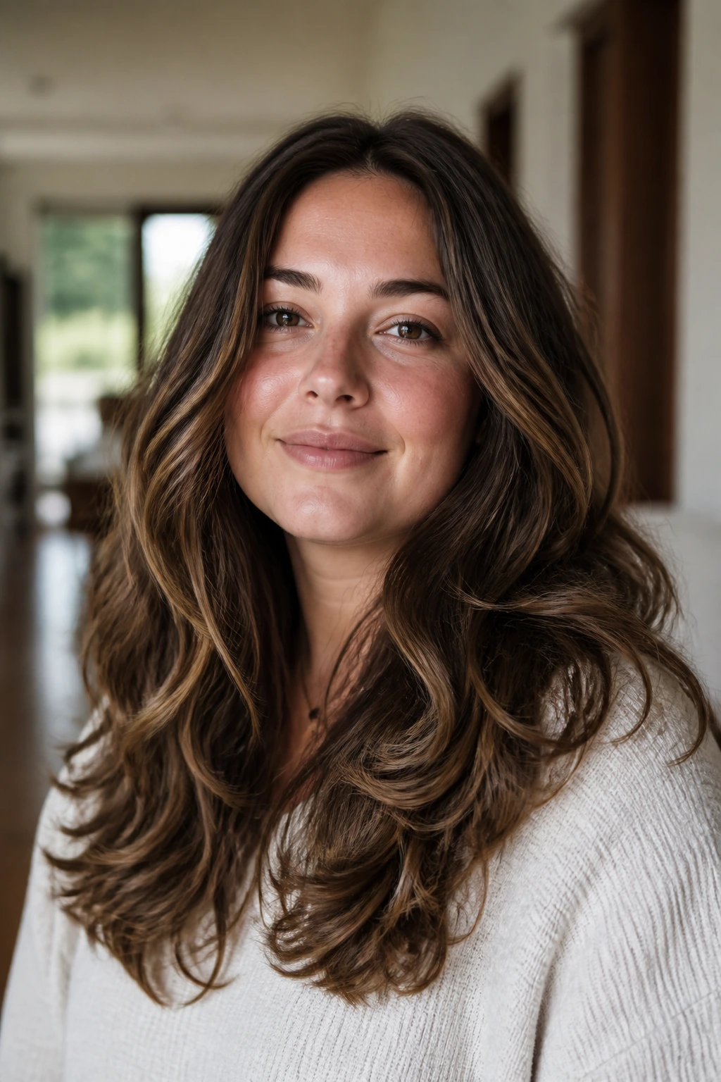 Close-up of a real woman with layered hair and heavy bottom weight