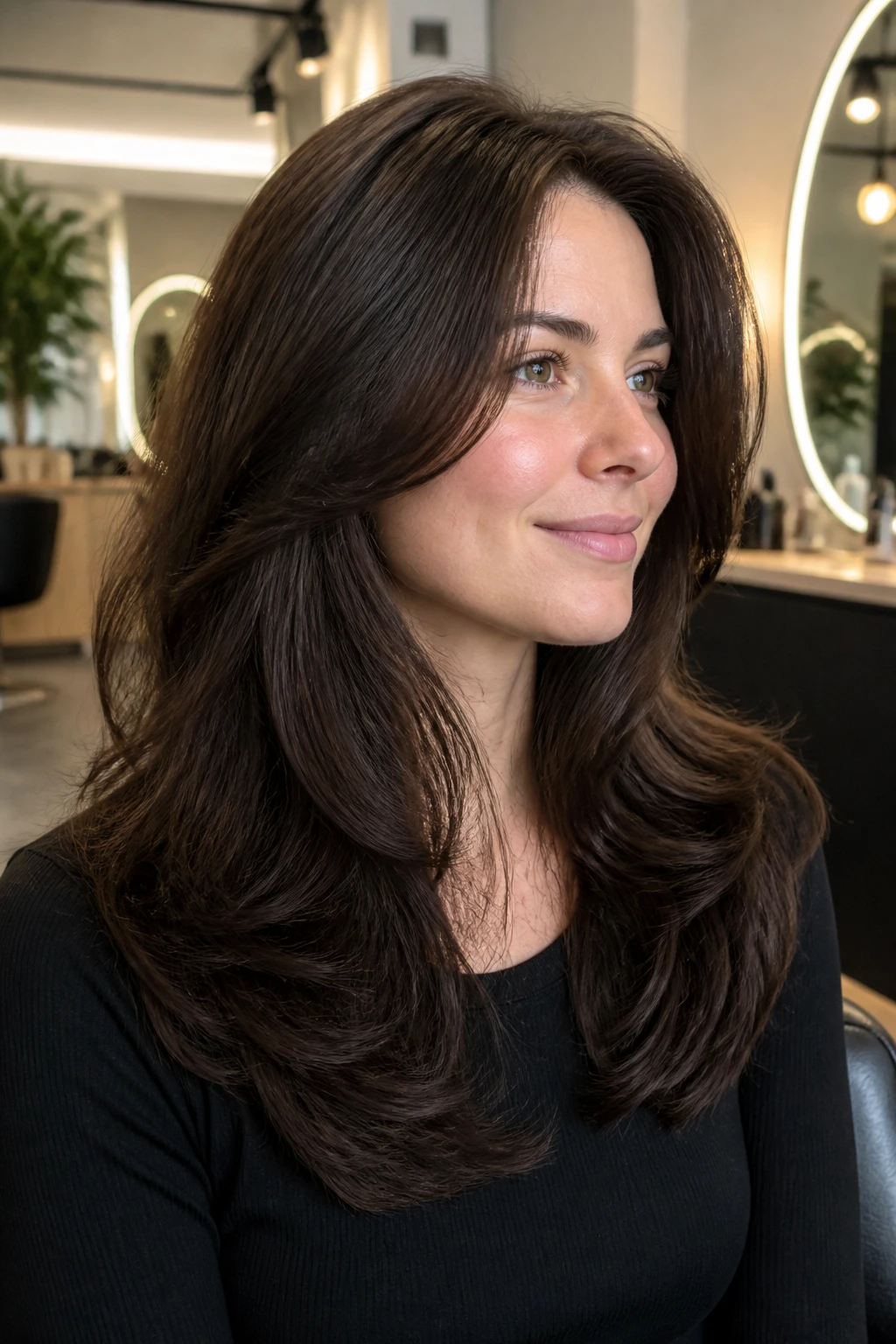 Portrait of a person with layered cut and soft bends to prevent ballooning.