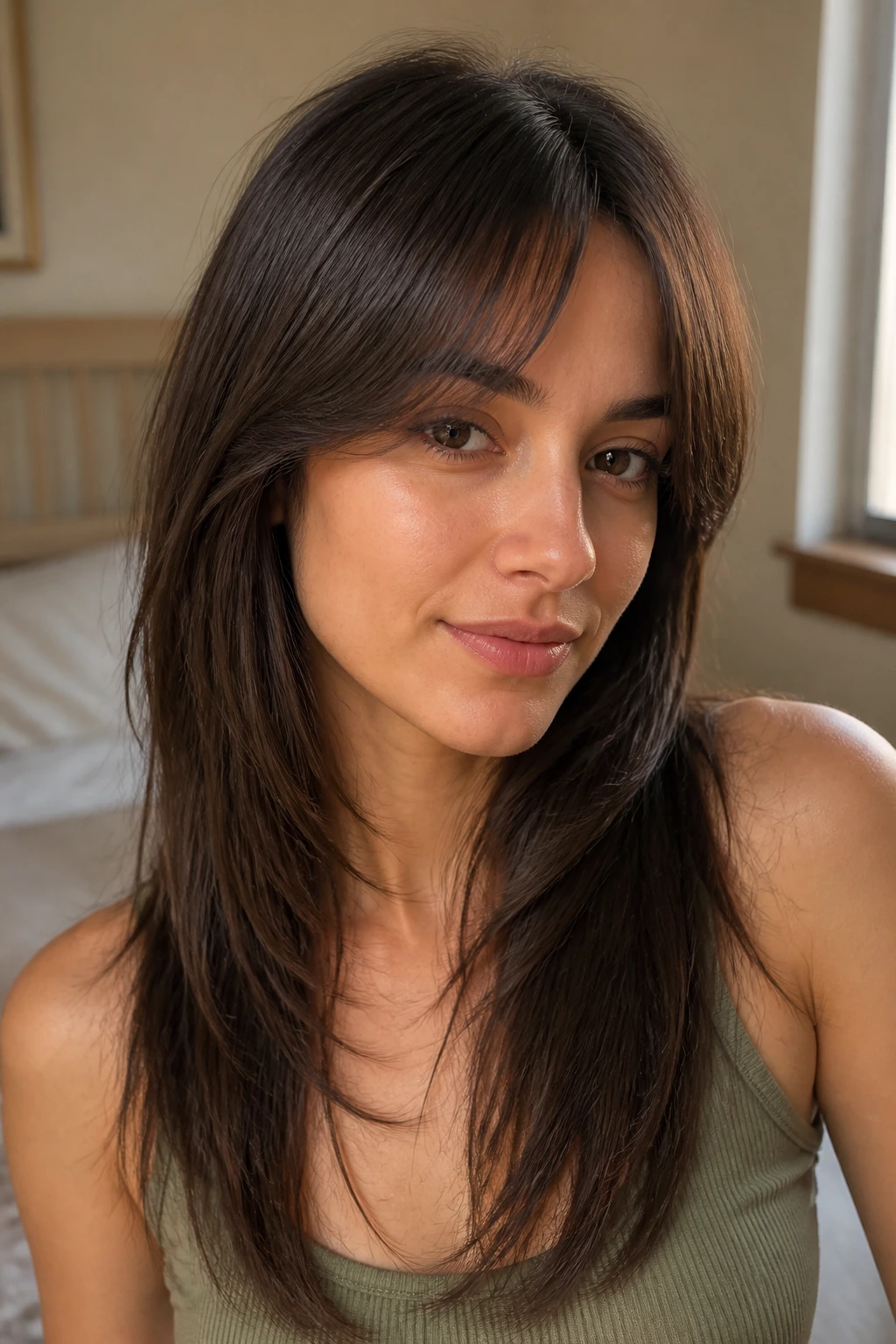 Close-up of a woman with a minimalist layered haircut and curtain bangs in warm window light