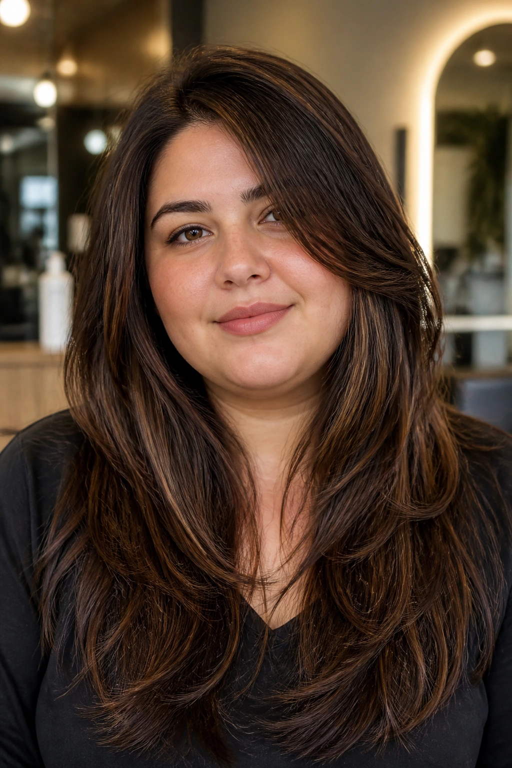 Portrait of a woman with a layered cut and off-center part showing vertical motion.