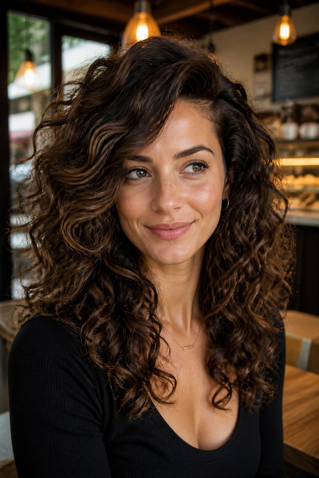 Portrait of real woman with deep side part and layered curls