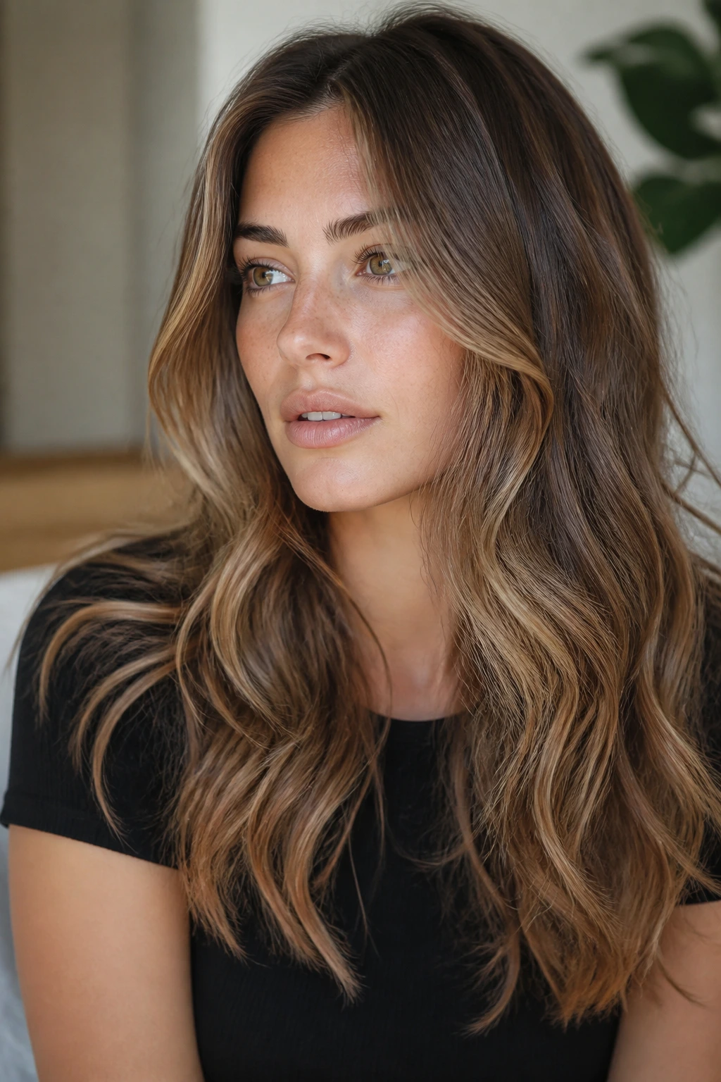 Portrait of person with layered cut and beachy waves
