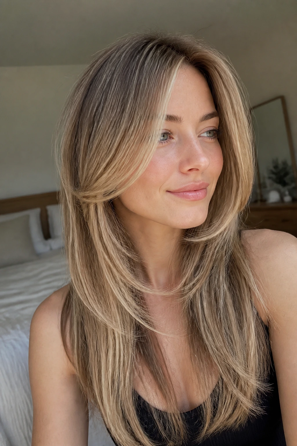 Close-up of a real woman with layered cuts for long thin hair, emphasizing face-framing volume