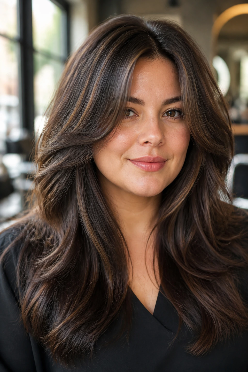 Close-up portrait of a real woman with thick hair showing layered cuts and movement
