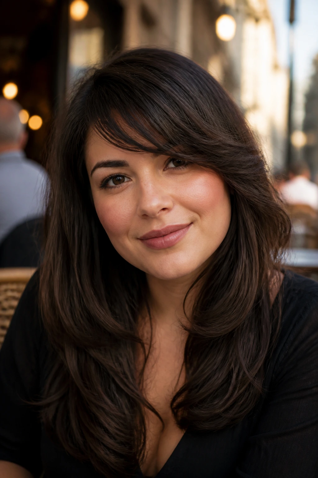 Close-up portrait of a real woman with layered diagonal bangs sweeping across the forehead