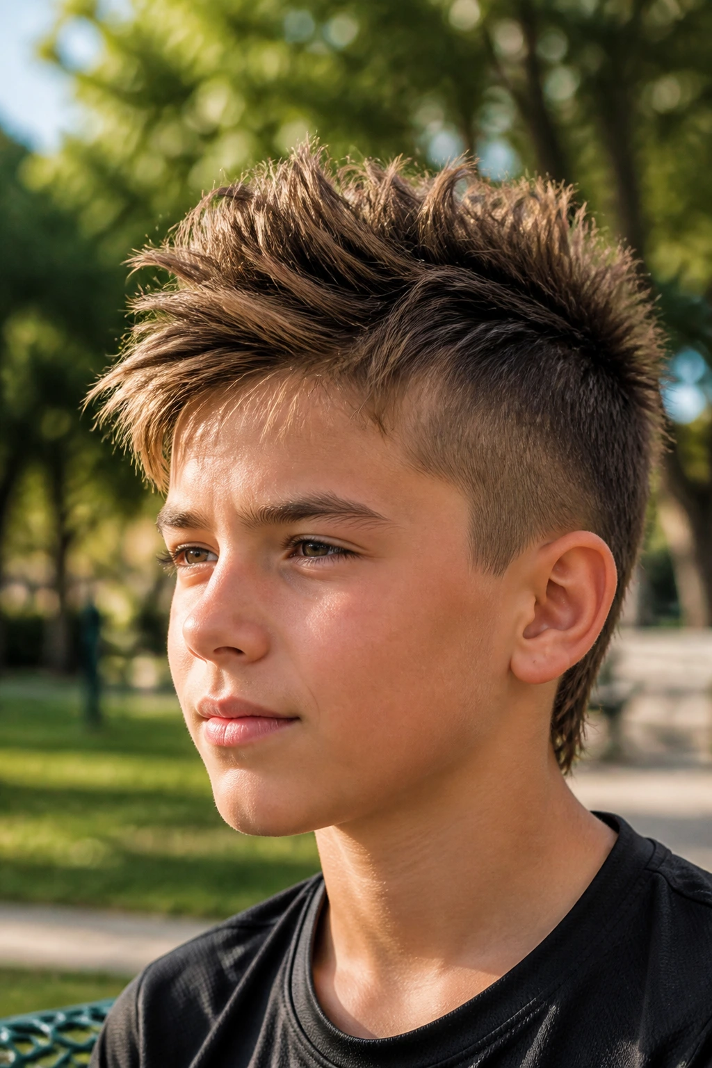 Close-up of a real boy with layered Eurohawk for straight fine hair