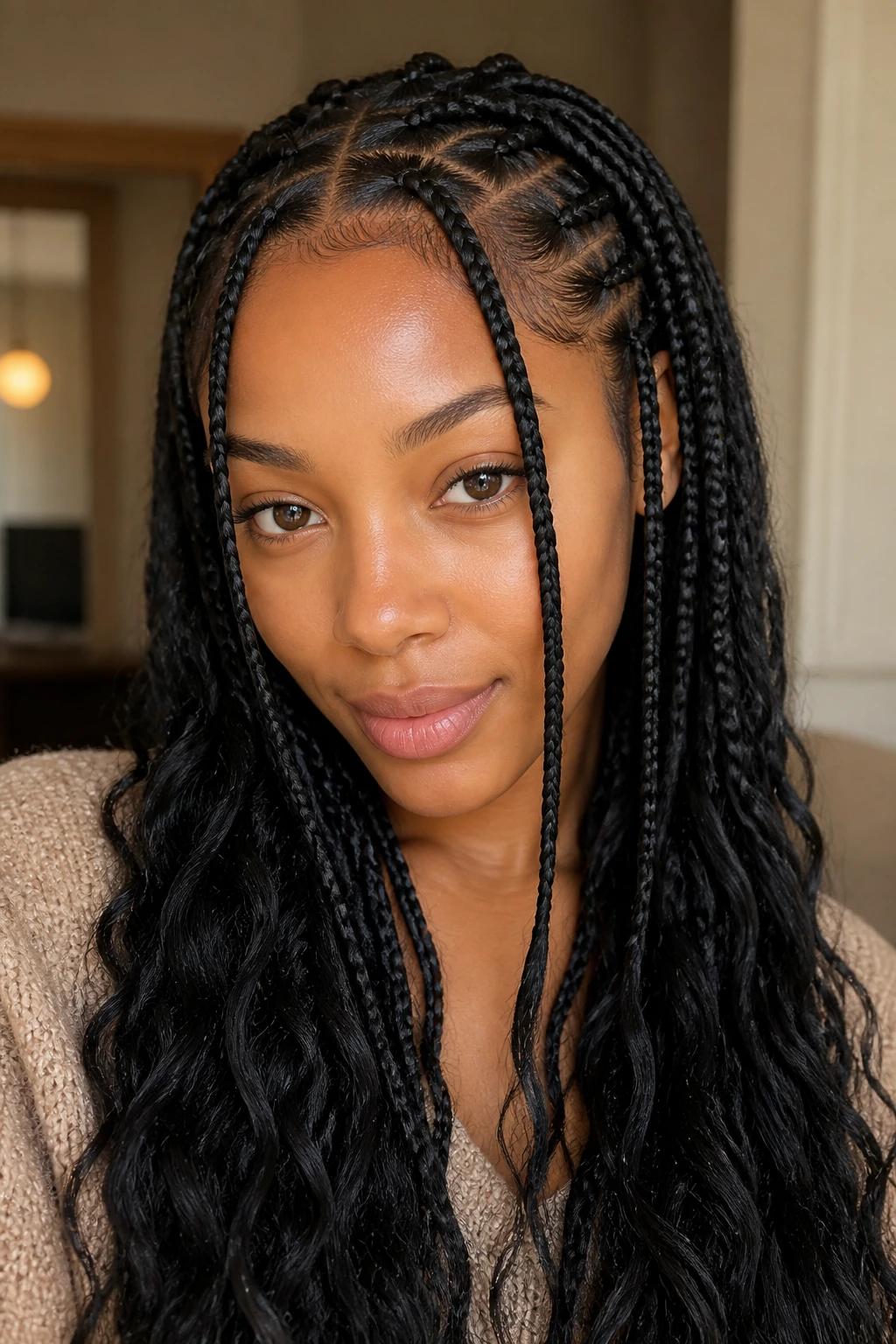 Real person wearing layered face-framing braids