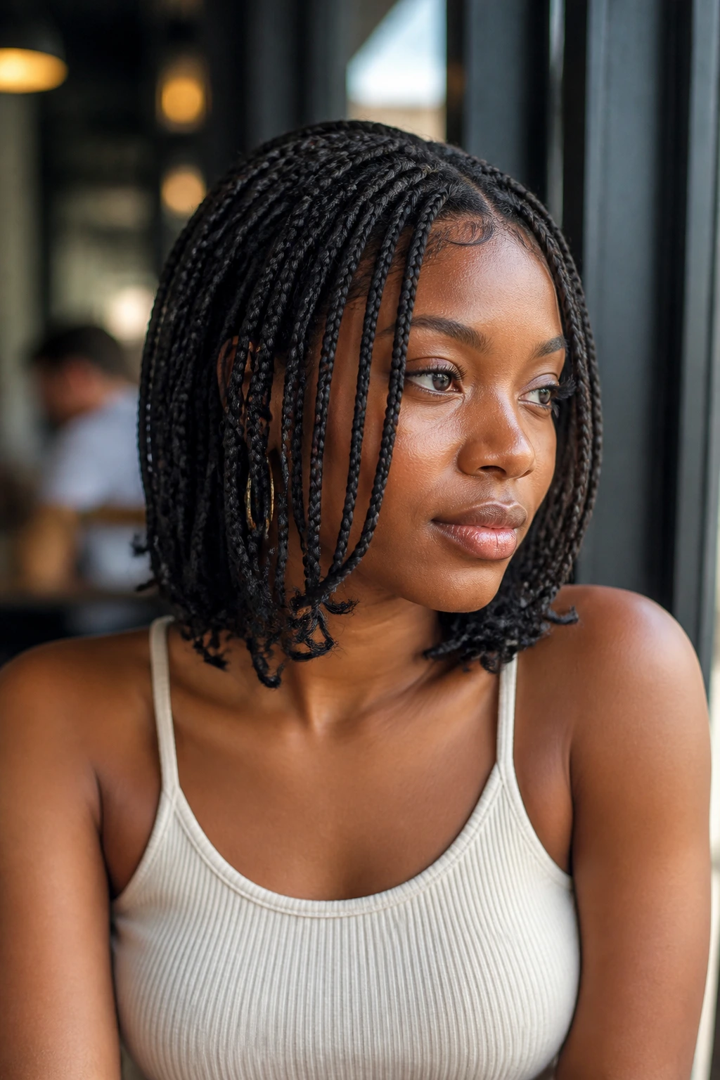 Close-up of real person with front face-framing shorter braids and longer back braids in natural daylight
