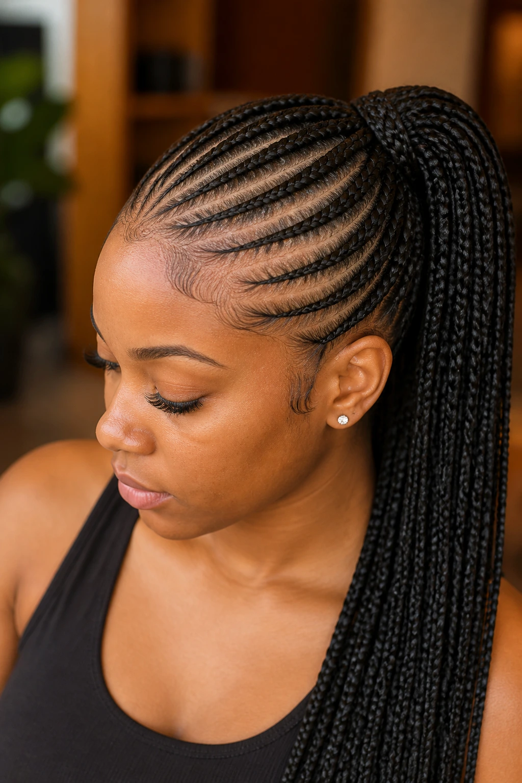 Real woman with layered feed-in braid forming a ponytail