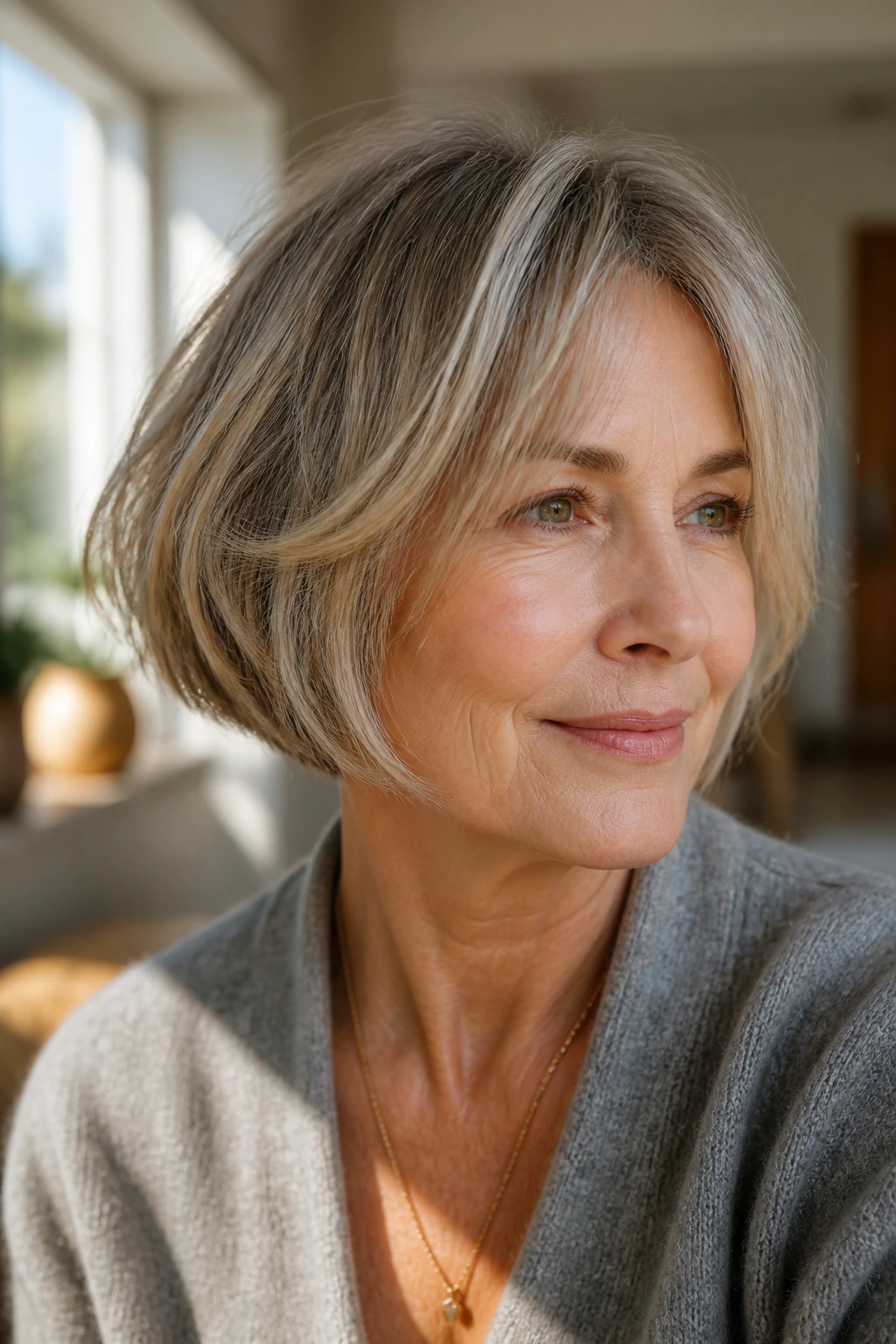 Portrait of a real woman with layered French bob