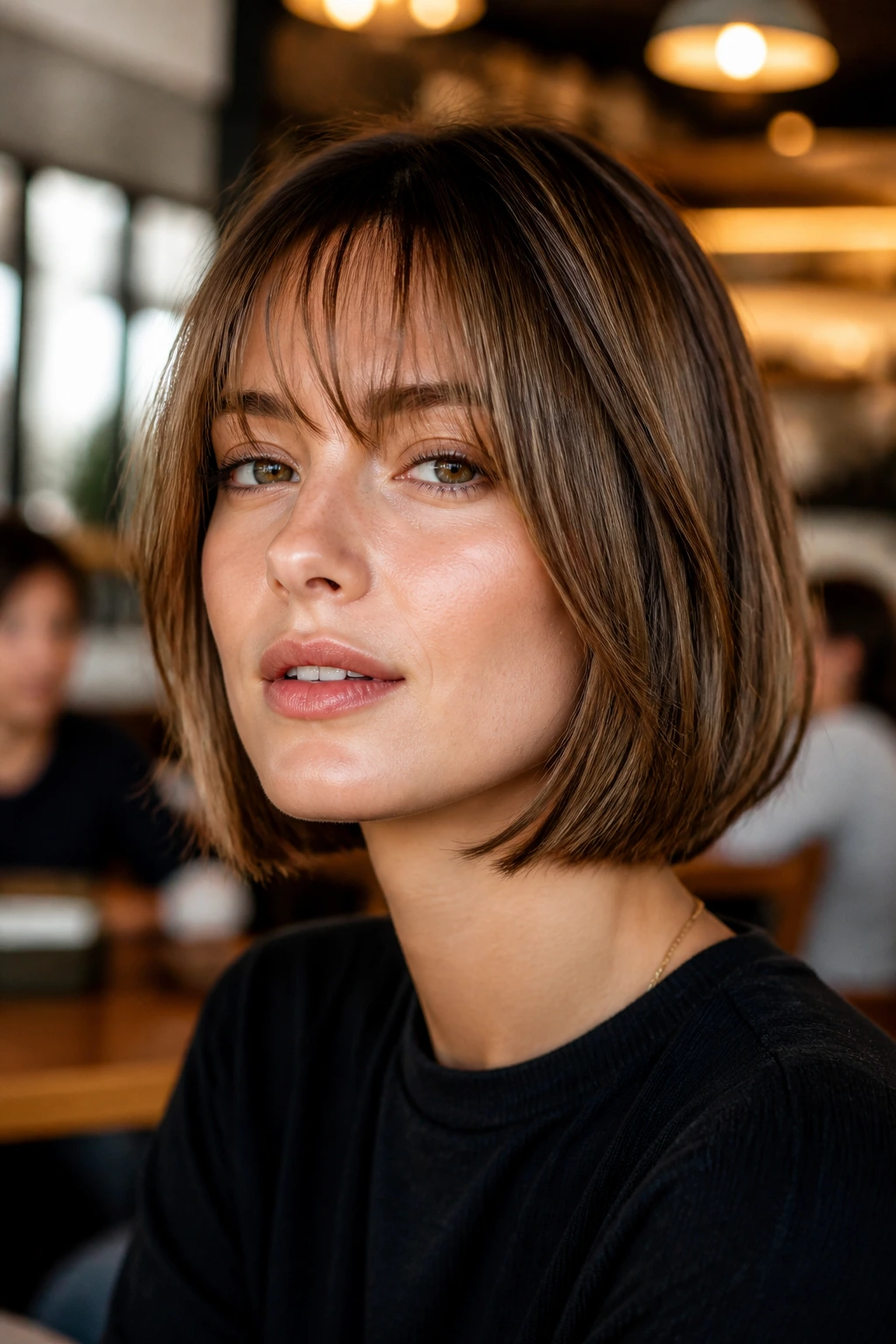 Close-up portrait of a real person with layered fringe over a bob