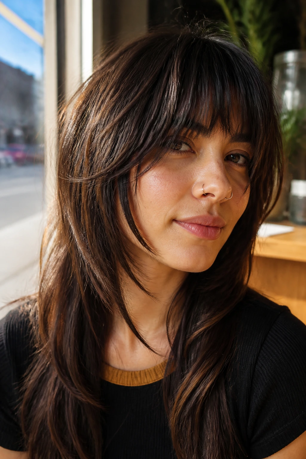Close-up of a real woman with layered fringe and chin-length sides