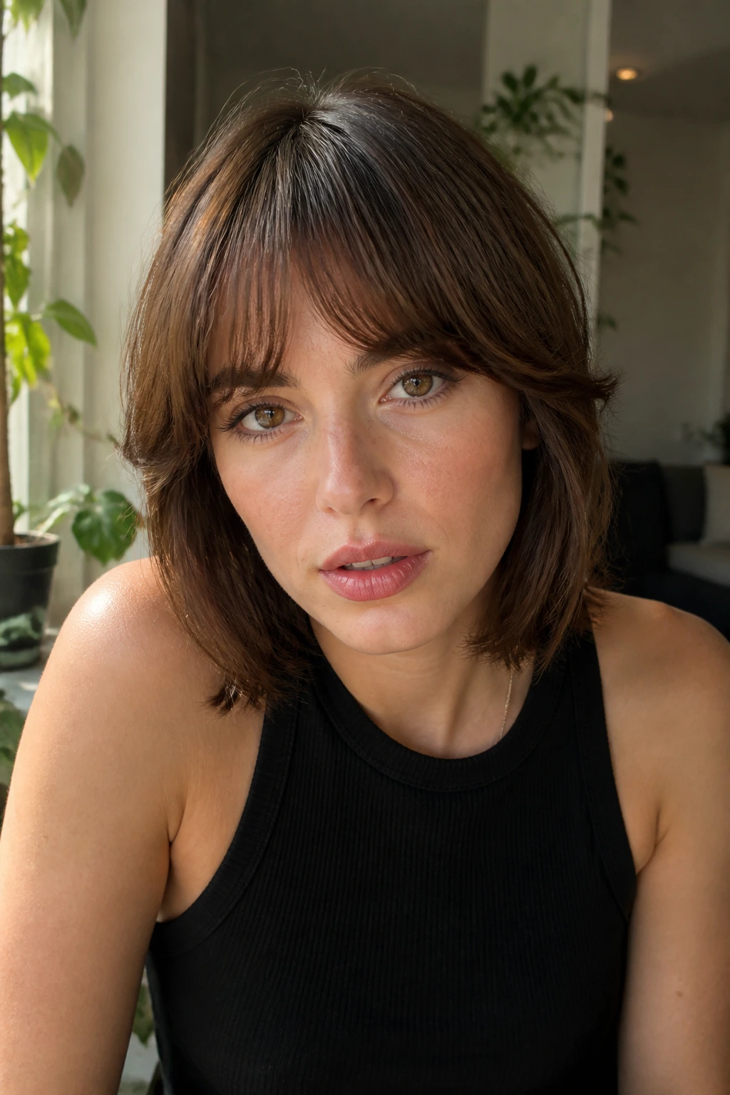 Close-up of a real woman with layered fringe and inner bend in a modern apartment