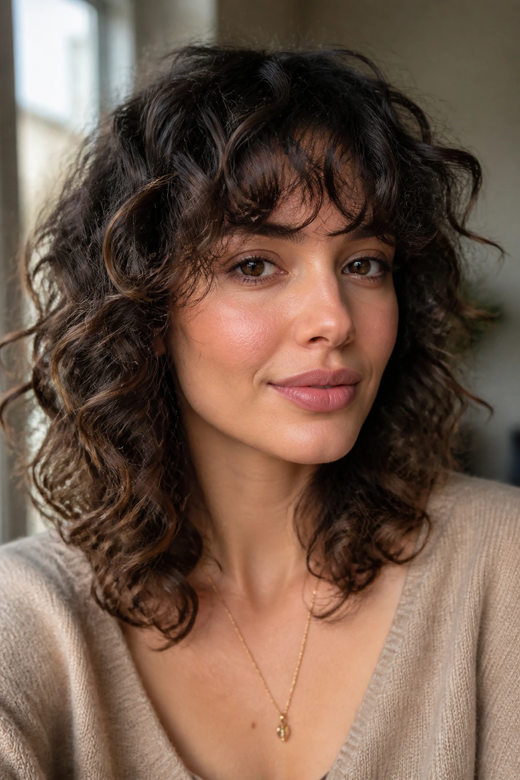 Close-up of a real woman with layered fringe and mid-length curls in a cozy home setting