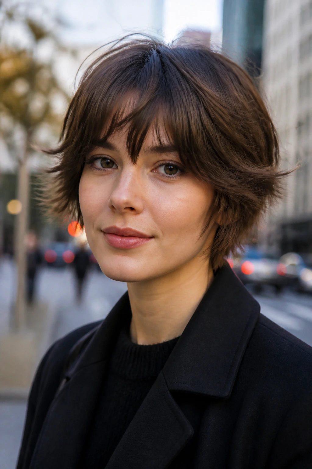 Close-up of a real woman with layered fringe and temple width