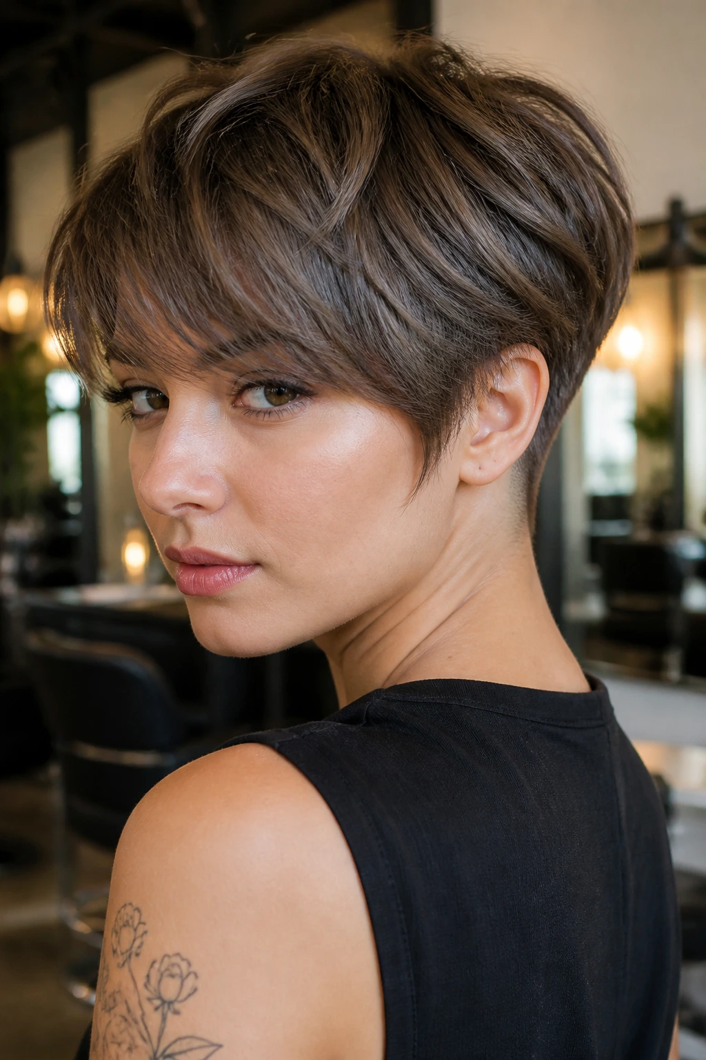 Close-up portrait showing layered fringe and undercut at the nape in a modern salon setting