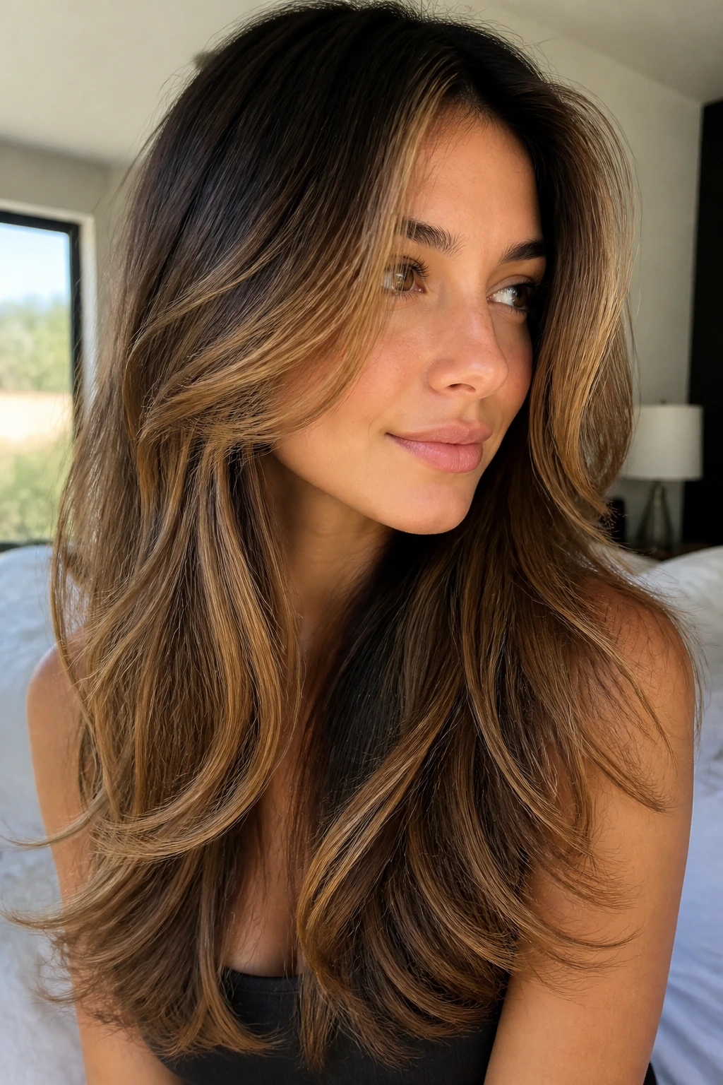 Close-up of real woman with layered hair and caramel ribbons for depth