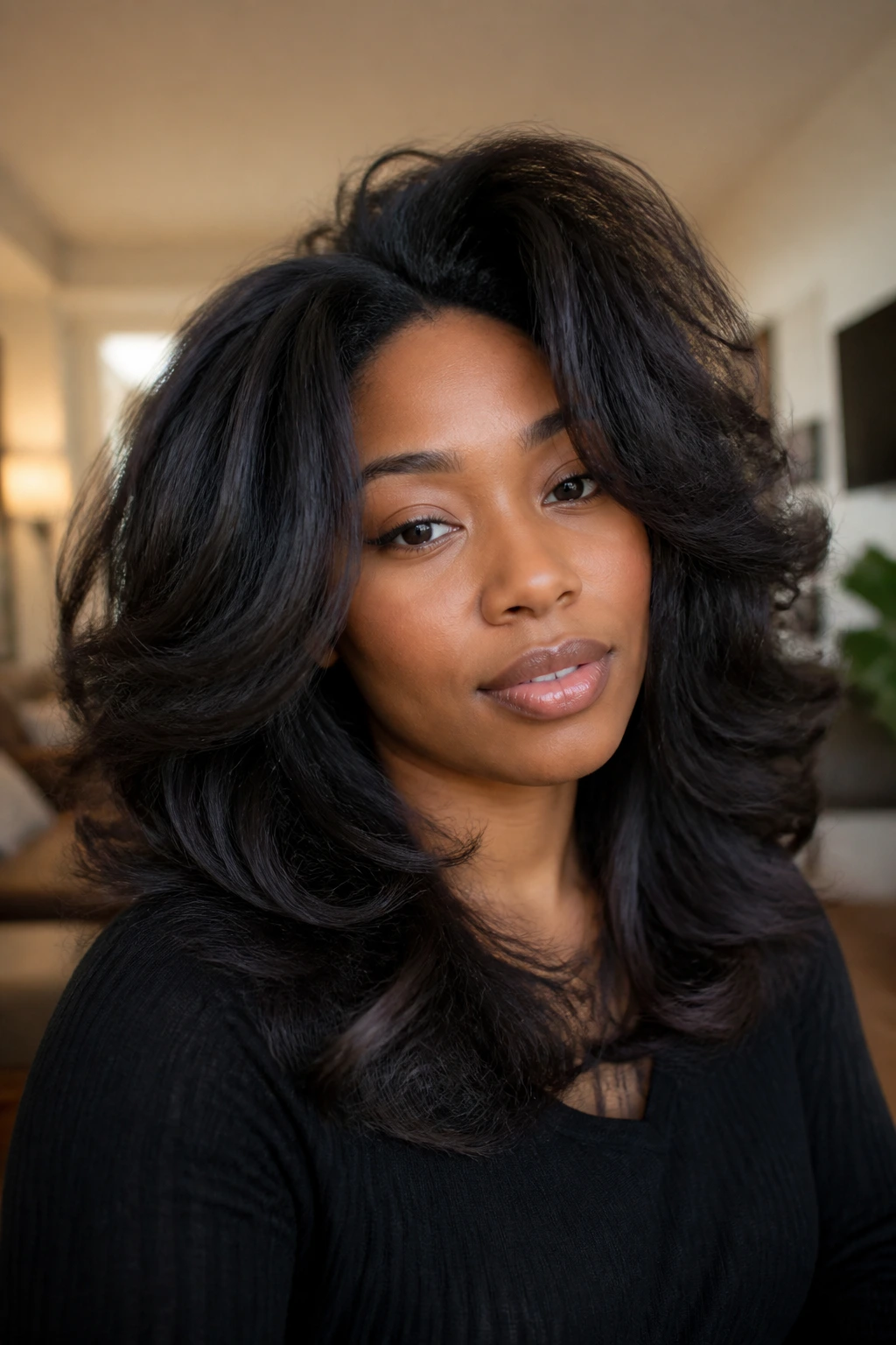 Portrait of a real Black woman showing a high-volume crown and rounded perimeter