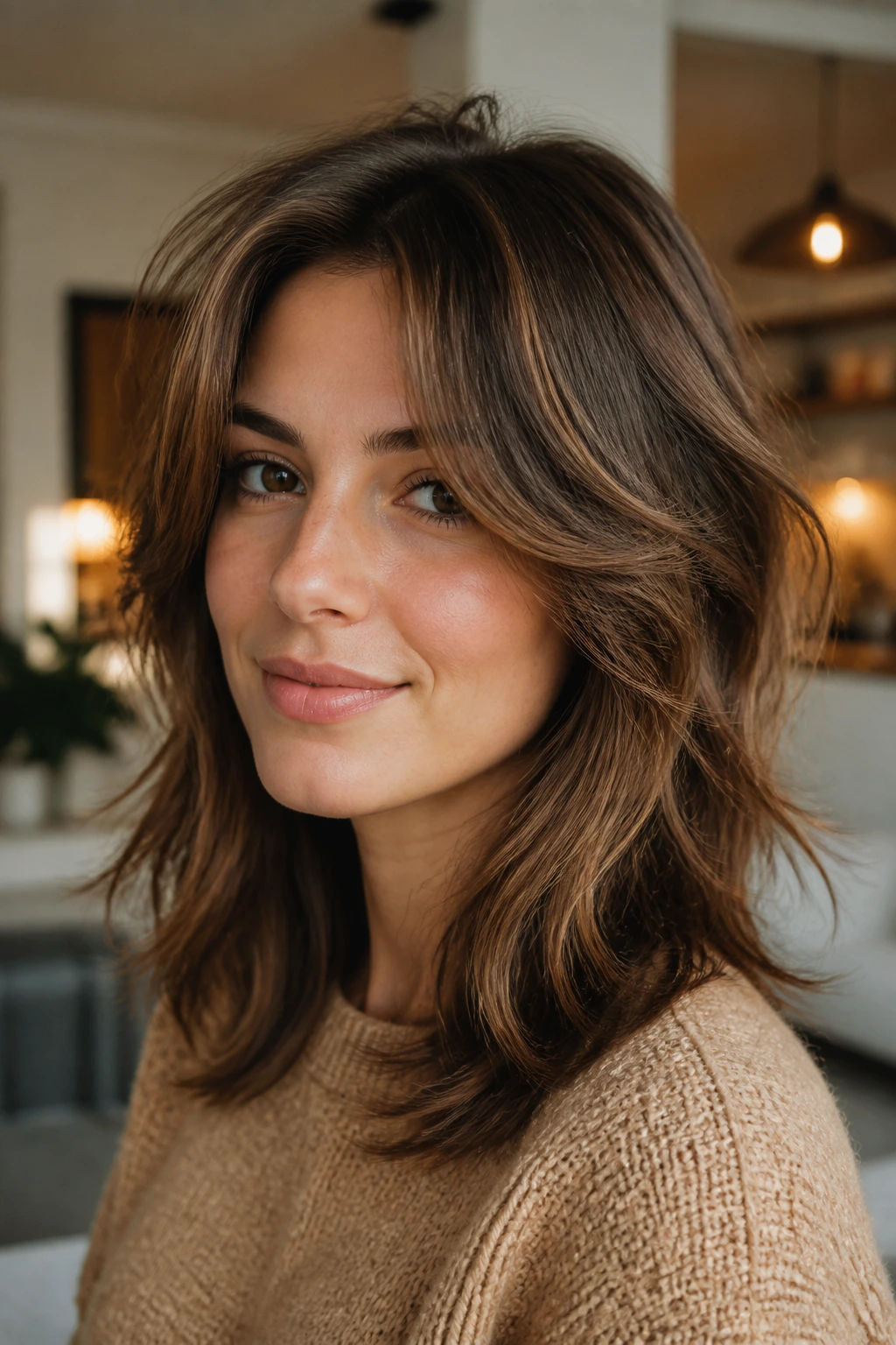 Close-up of a real woman with layered thick hair that stays flattering after time