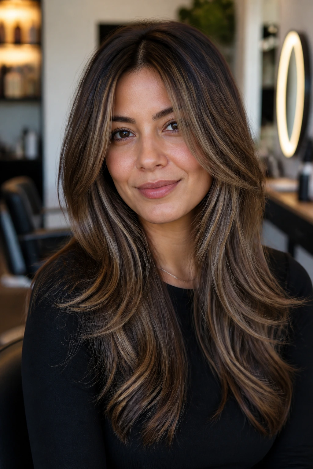 Portrait of a real woman with long layered hair and lowlights in a salon