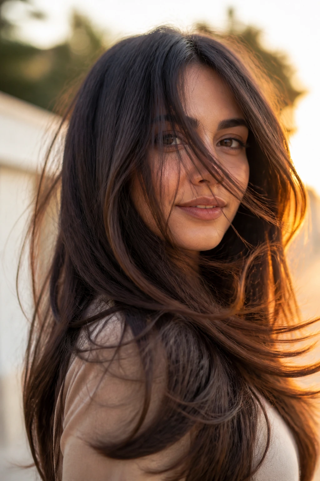 Portrait of a moving long straight layered hairstyle in golden hour light.